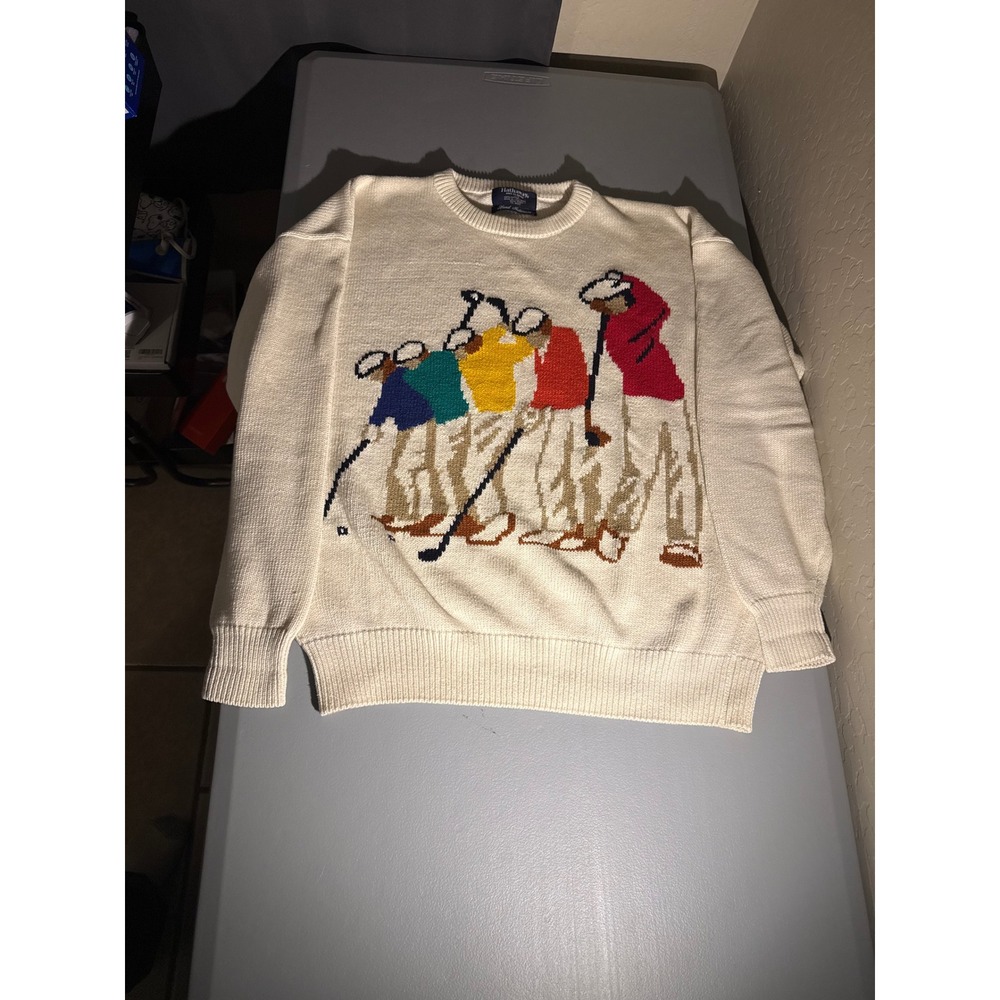 Vintage Hathaway Knit Classic Golf Sweater Hand Intarsia Cotton Cream Mens L